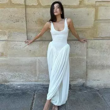 Сексуальное платье для отдыха на пляже с открытой спиной для женщин, летние платья без рукавов с высокой талией в стиле пэчворк, женское вечернее модное платье с боковыми разрезами, облегающее плиссированное вечернее платье S чёрный