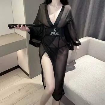 Сексуальное платье для женщин с длинными рукавами и глубоким V-образным вырезом, ночная рубашка, новая сексуальная вышитая экзотическая одежда в китайском стиле для женщин One Size чёрный