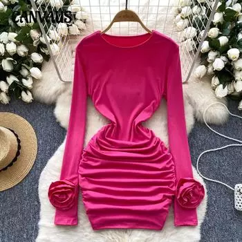 Сексуальное платье-футляр на бедрах, женское осеннее платье с объемными цветами, с длинными рукавами, облегающая короткая юбка One size чёрный