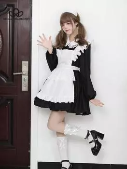 Сексуальное платье горничной Лолиты, японское милое женское платье Kawaii, костюм для ролевых игр, костюм для Хэллоуина, косплей, одежда с длинными рукавами S красный