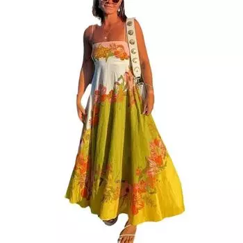 Сексуальное платье-халтер из хлопка и льна с принтом, позиционирующее большое качели, женское S