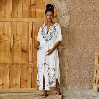 Сексуальное платье-кафтан, женская пляжная одежда больших размеров, 2024, богемное полосатое бикини с принтом тай-дай, длинная туника, купальный костюм, накидка One Size белый