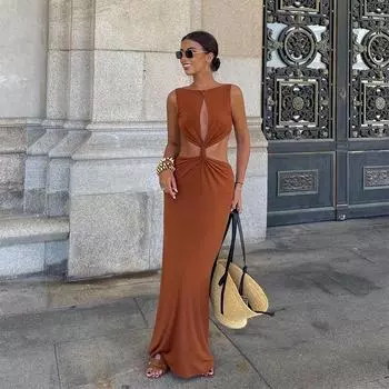 Сексуальное платье Kink для женщин, тонкое, ажурное, без рукавов, женское модное элегантное вечернее платье с высокой талией для женщин XS оранжевый