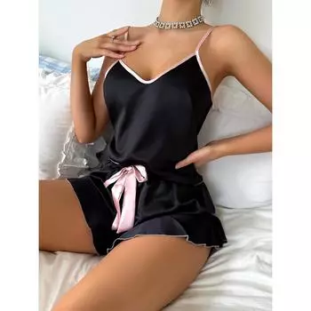 Сексуальное платье-комбинация, домашняя одежда, женская летняя мода, жилет, шорты, комплект, домашний шелк, пижама из ледяного шелка S чёрный