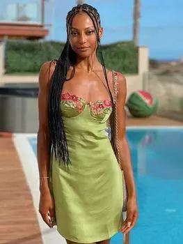 Сексуальное платье-комбинация с цветочной вышивкой, женское облегающее мини-платье 2023, весеннее сексуальное тонкое шикарное пляжное платье, женские платья M зелёный