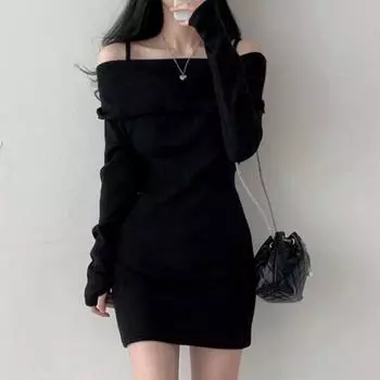 Сексуальное платье-комбинезон с открытыми плечами, лацканами, облегающее трикотажное платье в рубчик, короткая юбка, облегающая бедра L чёрный