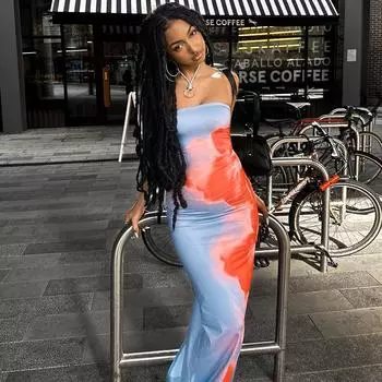 Сексуальное платье макси без бретелек с принтом, женское эластичное длинное платье с открытыми плечами и открытой спиной, летняя пляжная одежда Y2K S синий