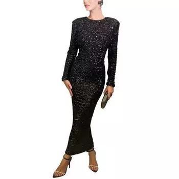 Сексуальное платье макси на шнуровке с открытой спиной и блестящими пайетками Элегантное вечернее платье с бантом и подплечниками Длинное платье с разрезом сзади Тонкое банкетное вечернее платье L