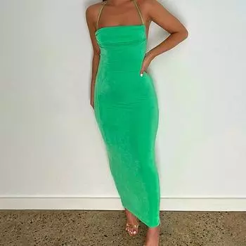 Сексуальное платье макси с открытой спиной на тонких бретельках, зеленое облегающее платье для женщин, модные летние клубные платья для вечеринок 20960 S синий