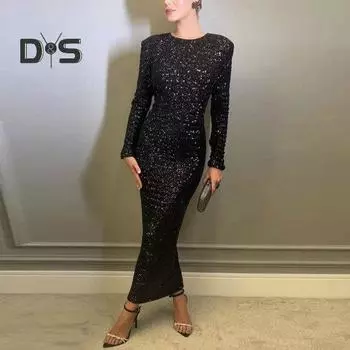 Сексуальное платье макси с открытой спиной и шнуровкой, блестящие пайетки, элегантное вечернее платье с бантом и подплечниками, длинное платье с разрезом сзади, облегающее банкетное вечернее платье L чёрный