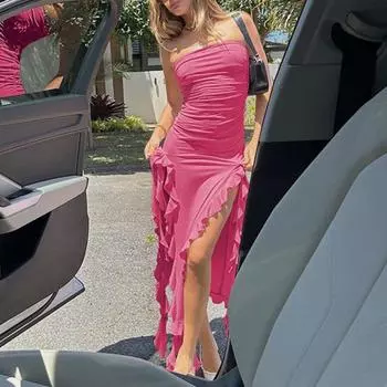 Сексуальное платье миди без бретелек с открытыми плечами, женское пляжное платье с оборками и разрезом подол, летнее облегающее вечернее женское платье S розовый