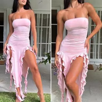 Сексуальное платье миди без бретелек с открытыми плечами, женское пляжное платье с оборками и разрезом подол, летнее облегающее вечернее женское платье L чёрный