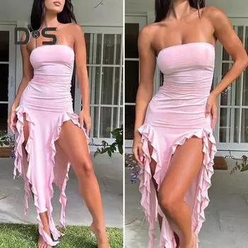 Сексуальное платье миди без бретелек с открытыми плечами, женское пляжное платье с оборками и разрезом подол, летнее облегающее вечернее женское платье L чёрный