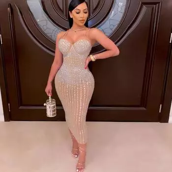Сексуальное платье миди с блестками и кристаллами, женское облегающее платье без рукавов на бретельках, Клубные платья больших размеров, вечерние платья русалки S белый