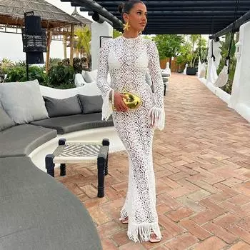 Сексуальное платье-миди с кисточками Hallow Out для женщин, однотонное, с длинным рукавом и круглым вырезом, праздничное, облегающее, женское, летнее, 2024, модное, вязаное крючком платье S белый