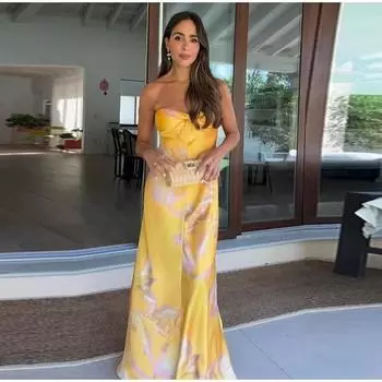 Сексуальное платье на бретельках женское атласное с принтом тонкое открытое платье со шнуровкой на спине длинное платье-труба без рукавов чистое желание пляжные женские платья лето S жёлтый