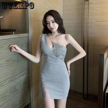 Сексуальное платье на одно плечо, женское платье с бюстгальтером и ягодицами, темпераментное кружевное облегающее платье с вырезом, короткое платье, сплошной цвет S белый