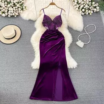 Сексуальное платье на подтяжках с глубоким вырезом, длинная юбка с v-образным вырезом на талии, утягивающее банкетное золотое бархатное платье трапециевидной формы с разрезом L чёрный