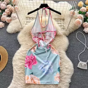 Сексуальное платье на подтяжках с цветочным принтом в стиле Pure Desire, женское платье с лямкой на бретельках без бретелек, дизайн, красивая сумка, юбка на бедрах S синий