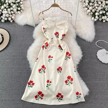 Сексуальное платье на подтяжках во французском стиле ретро с принтом розы, тонкое платье без рукавов с открытой спиной, летнее платье с веером богини