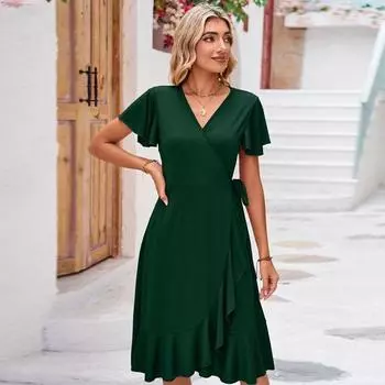 Сексуальное платье на шнуровке с летающими рукавами и v-образным вырезом, женское летнее свободное платье для офиса, однотонное платье трапециевидной формы нерегулярной формы, повседневные платья 26625 S тёмно-синий