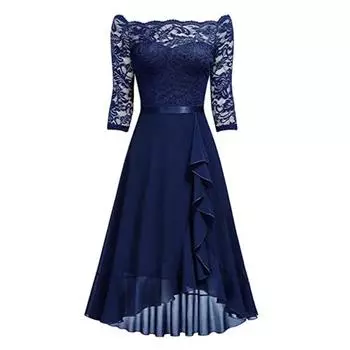 Сексуальное платье-платье с открытыми плечами, облегающее талию, платье миди с кружевом, сращивание половин S темно-синий