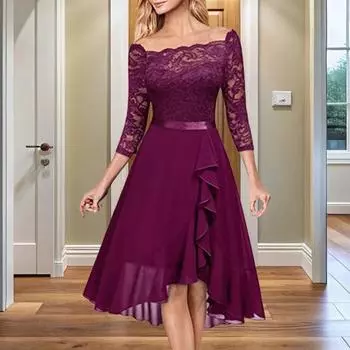 Сексуальное платье-платье с открытыми плечами, облегающее талию, платье миди с кружевными вставками, рукавами до локтя, неровным оборчатым подолом, шифоновое платье S темно-синий