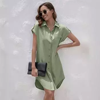 Сексуальное платье-рубашка с V-образным вырезом и коротким рукавом для офисных леди, весна-лето, модные элегантные однотонные джинсовые юбки, платья для женщин 2023 года S зелёный