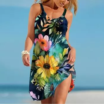 Сексуальное платье с 3D-цветочным принтом, женское летнее повседневное уличное платье на подтяжках 2025 года, высококачественное новое мини-платье для вечеринок на открытом воздухе S