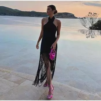 Сексуальное платье с бретелькой на шее, женское черное платье с кисточками и открытой спиной, льняные женские платья без рукавов, модное пляжное длинное женское платье размера плюс, Sukienka Zbiornika S чёрный