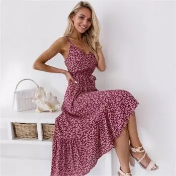 Сексуальное платье с бретелью через шею с маленьким цветком и длинной талией для женщин S зелёный