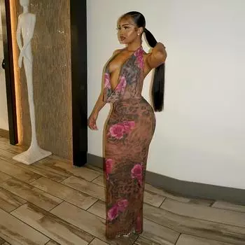 Сексуальное платье с бретелью через шею и карманом на шее с принтом, женское летнее платье Spice XS коричневый