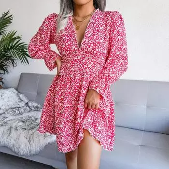 Сексуальное платье с цветочным принтом и подолом уха в горячем стиле S розовый