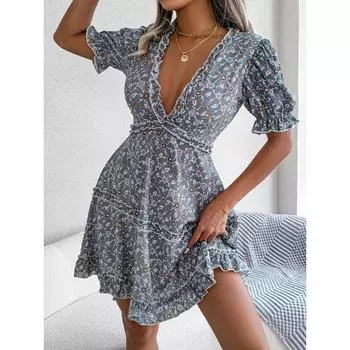 Сексуальное платье с цветочным принтом и v-образным вырезом в стиле Ins для женщин S чёрный