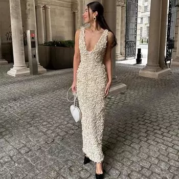 Сексуальное платье с цветочным принтом и глубоким вырезом, длиной до щиколотки, без рукавов, с открытой спиной, с разрезом на бедрах, миди-платья XS абрикосовый