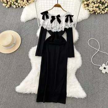 Сексуальное платье с длинными рукавами и плечами, кружевное заклинание с тонкой талией, элегантное темпераментное платье