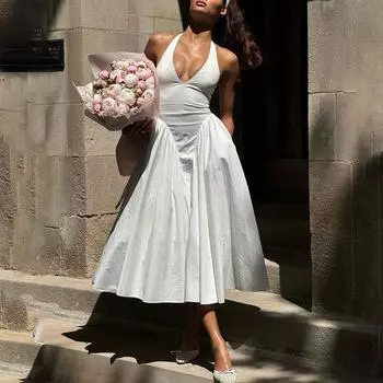 Сексуальное платье с глубоким V-образным вырезом и широким подолом для женщин, однотонное, с высокой талией, открытой спиной, летнее, новое, длинное платье для отпуска S белый
