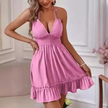 Сексуальное платье с глубокими V-образными стрингами и деревянным краем ушка с параллельным морщинистым швом и открытой спиной S