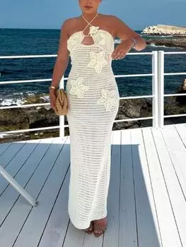 Сексуальное платье с крючком и цветочным принтом, элегантное однотонное платье с открытой спиной и открытыми плечами, модная винтажная трикотажная пляжная одежда L белый