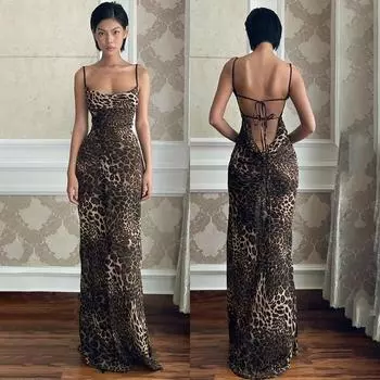 Сексуальное платье с леопардовым принтом и карманом на шее на шее Летнее платье в стиле халтер XS цветной печати леопарда