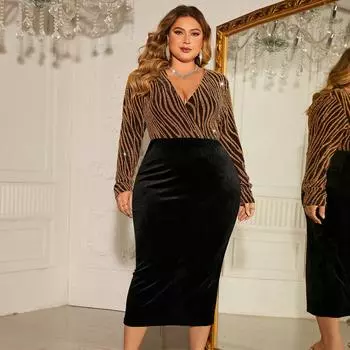 Сексуальное платье с лоскутным принтом для женщин Глубокий v-образный вырез с длинным рукавом и разрезом на подоле Длинное платье Вечерняя вечеринка Клубное коктейльное платье макси Элегантное дышащее платье размера плюс 1XL чёрный