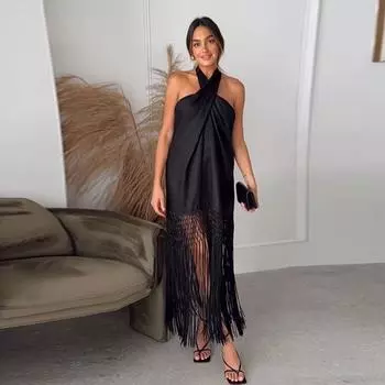 Сексуальное платье с лямкой на шее, женское черное льняное платье без рукавов с кисточками и открытой спиной, модное пляжное длинное женское платье Vestidos, белое платье больших размеров S чёрный