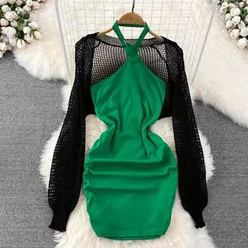 Сексуальное платье с лямкой на шее и пряжкой для малышек, полая шаль, солнцезащитный крем, тонкое платье, пальто из двух частей