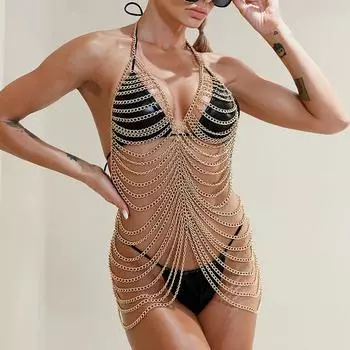 Сексуальное платье с металлической цепочкой для женщин, модное шикарное платье для ночного клуба с открытой спиной, регулируемые цепочки для тела, бюстгальтер, праздничная одежда, ювелирные изделия золотой