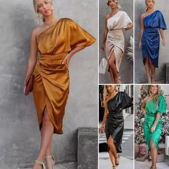 Сексуальное платье с одним рукавом и половиной рукава, не выцветающее, элегантное атласное вечернее платье на одно плечо, повседневная одежда L оранжевый