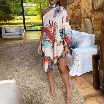 Сексуальное платье с одним рукавом и открытыми плечами, с принтом в виде оборки S белый