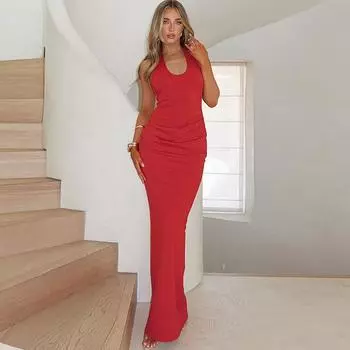 Сексуальное платье с открытой спиной и бантом в европейском и американском стиле для женщин 2024 года, длинное платье с острыми девчонками L чёрный