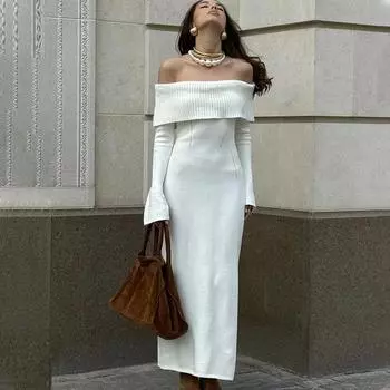Сексуальное платье с открытыми плечами для женщин 2024 года, новое модное облегающее платье макси с высокой талией и длинным рукавом, женское уличное модное элегантное трикотажное вечернее платье для отпуска S белый