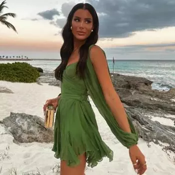 Сексуальное платье с открытыми плечами и V-образным вырезом с разрезом, модное летнее платье с открытой спиной и повязкой на вечеринку, короткие платья Элегантное свободное повседневное платье трапециевидной формы 853 S темно-зеленого