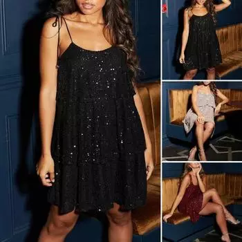 Сексуальное платье с пайетками, платье на бретельках, однотонное платье без рукавов с рисунком многослойного торта, вечернее платье, повседневная одежда S чёрный